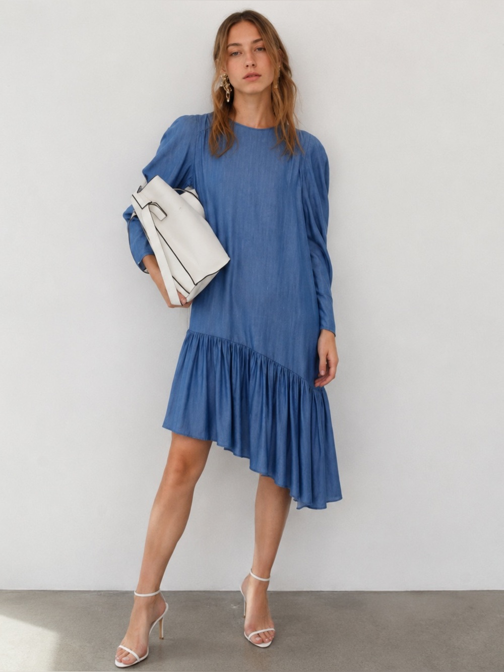 Zara Blue Asymmetrical Ruffle Long-Sleeve Dress